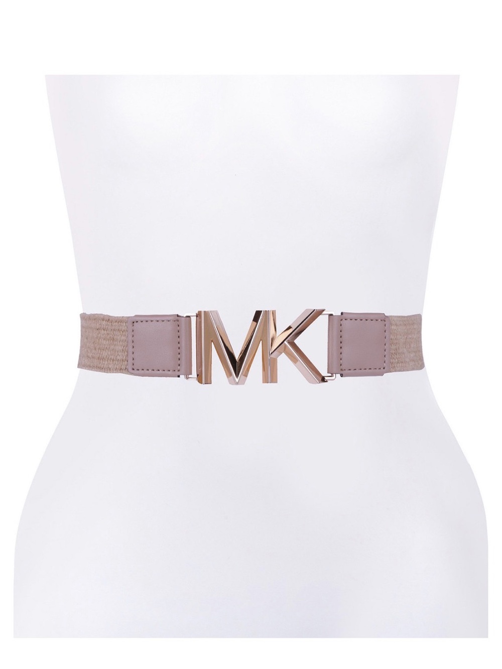 Michael Kors Taupe Elastic MK Logo Waist Belt with Gold Buckle
